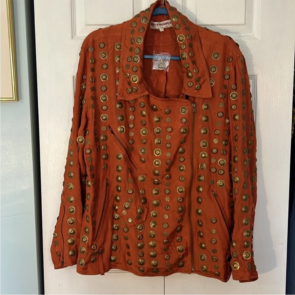 Free People Large Jacket Chelsea Coin Moto Jacket in Bronze zipper pockets - Picture 4 of 8
